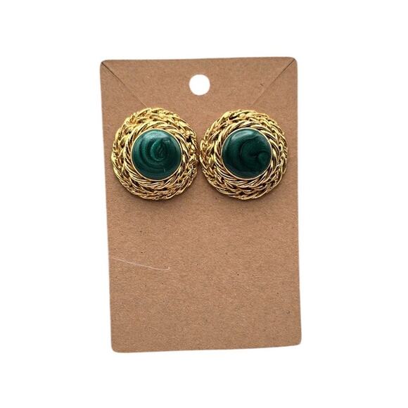 Green Cabochon Clip-On Vintage Earrings Gold Woven Statement Retro - Picture 2 of 5